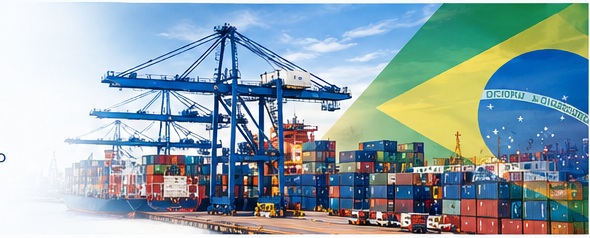 Porto brasileiro com contêineres e bandeira do Brasil